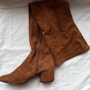 Vanessa Wu caramel suedette thigh-high heeled boots